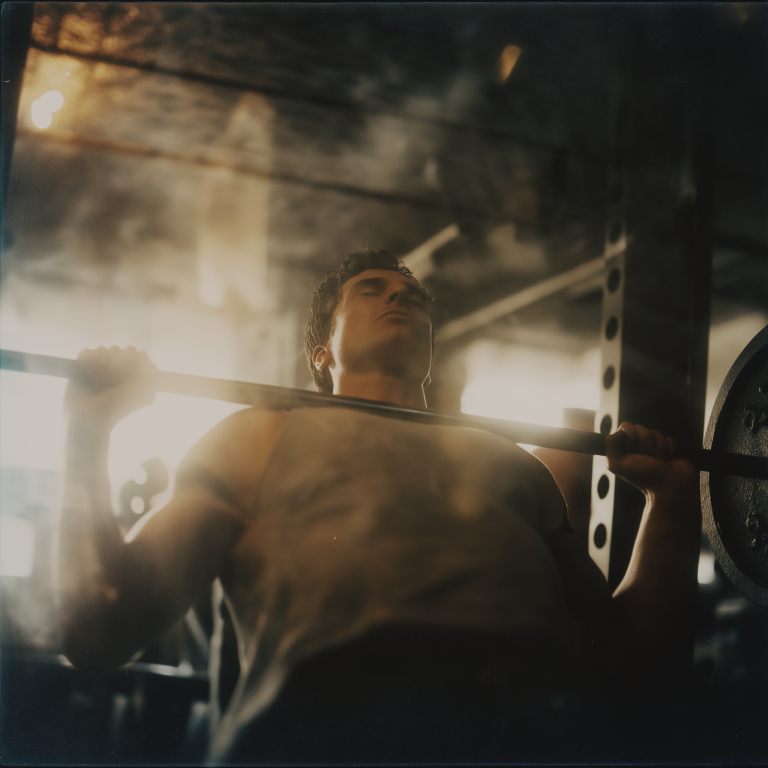Man performing bench press in a dimly lit gym, symbolizing how consistent reps in marketing systems drive long-term success.