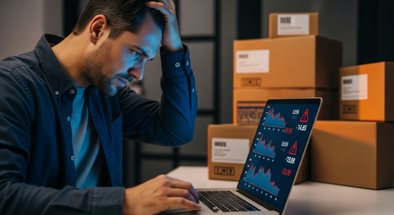 Frustrated ecommerce business owner analyzing declining Facebook ads performance - Meta advertising challenges in 2026