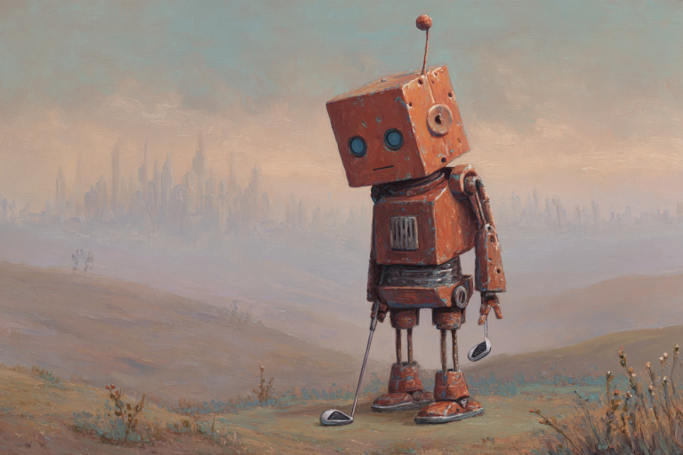 Retro robot holding golf clubs in a misty landscape - representing AI-powered creative strategy finding new angles in ecommerce advertising