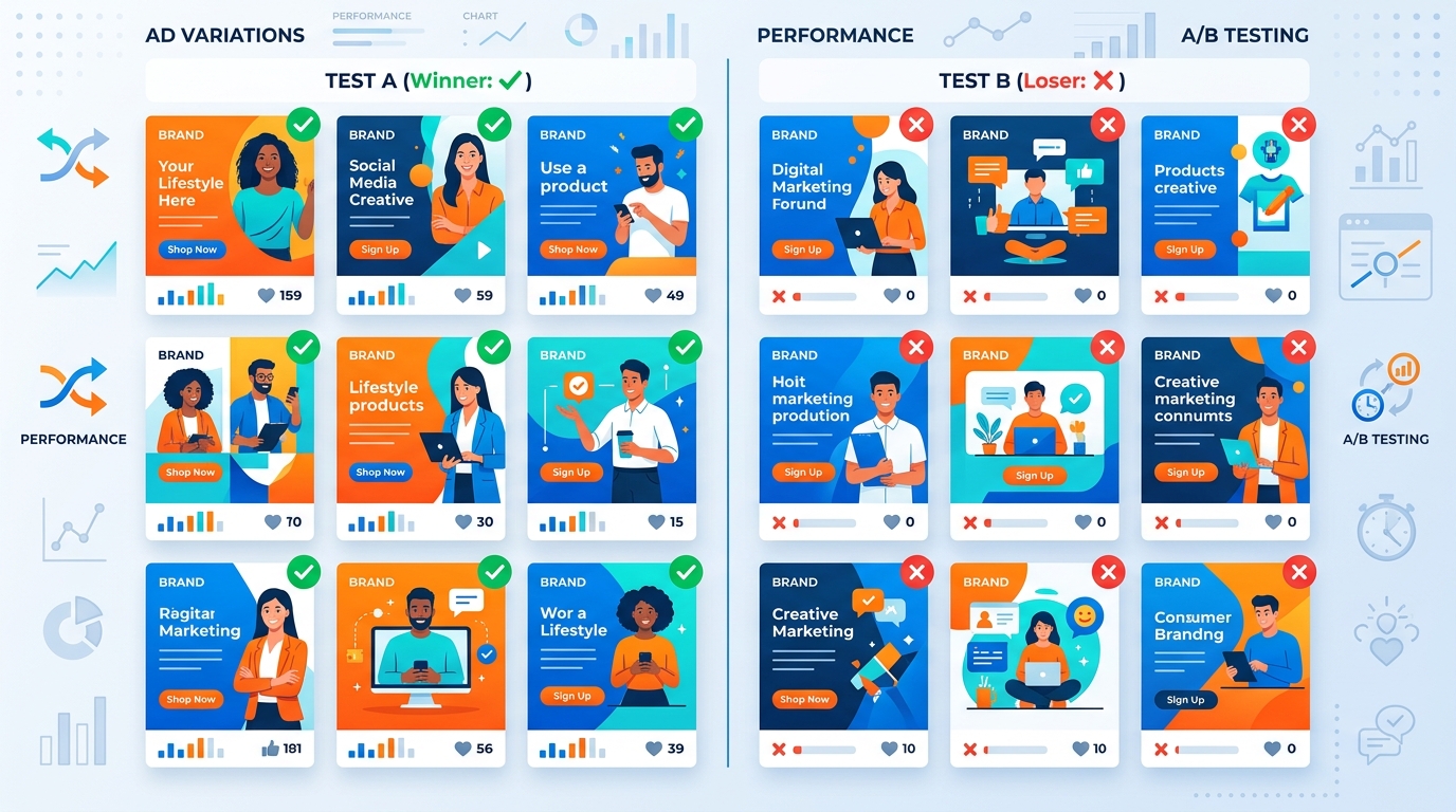 Meta Ads creative testing framework - A/B test grid showing ad variations