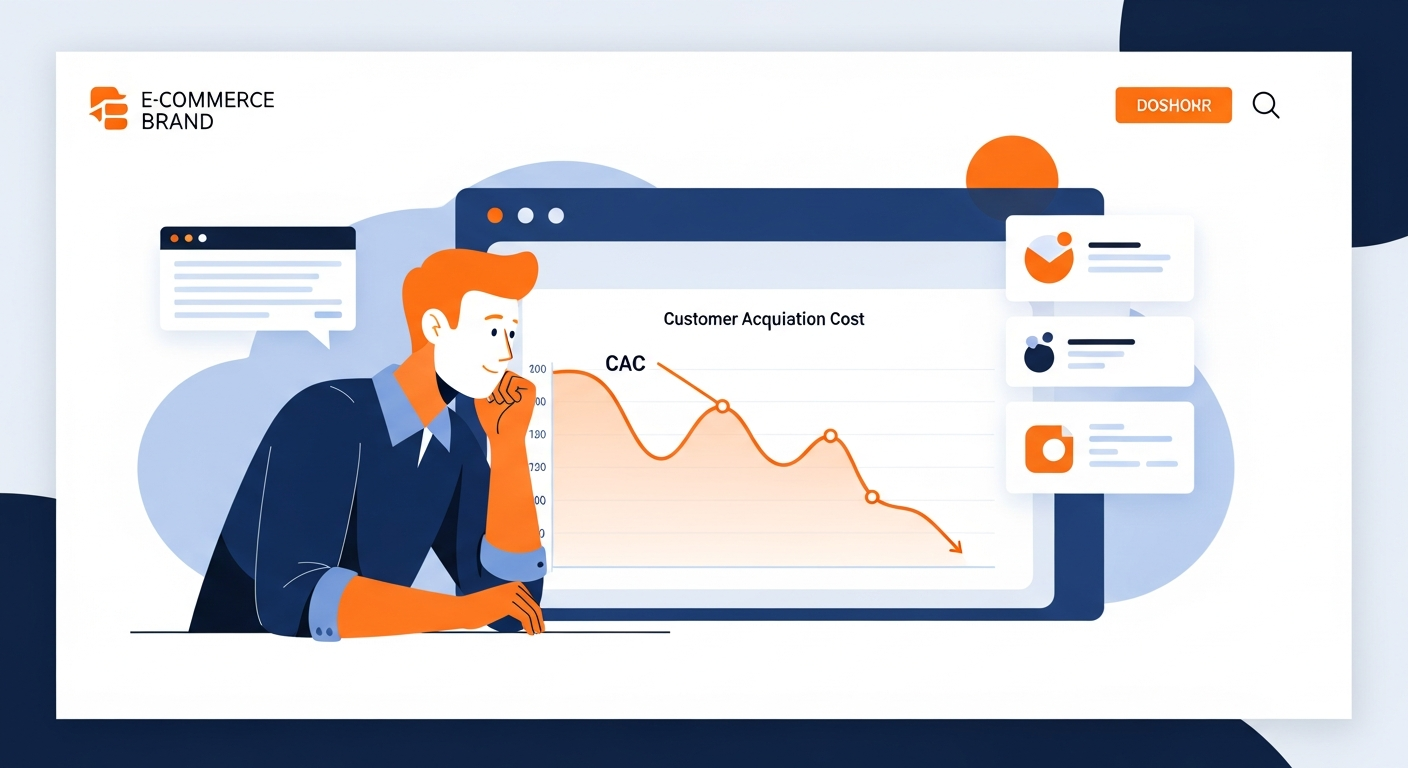 Ecommerce brand owner analyzing Meta Ads customer acquisition cost dashboard with downward trending CAC graph