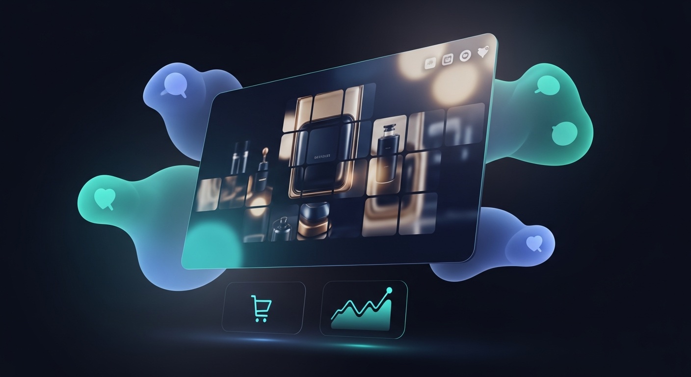 Abstract live shopping and ecommerce video ad interface with product tiles and reactions