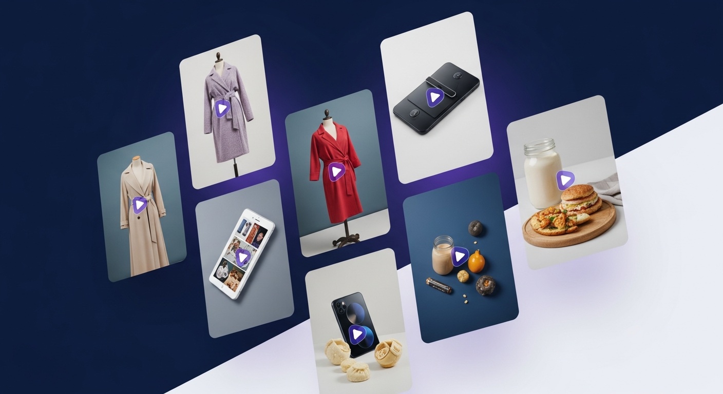 Abstract ecommerce social feed with vertical video cards for Threads ads