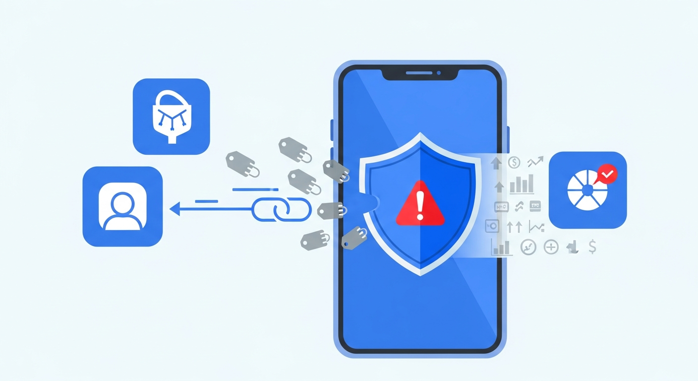 Smartphone with a privacy shield stripping tracking tags off a link, illustrating iOS 19 attribution loss