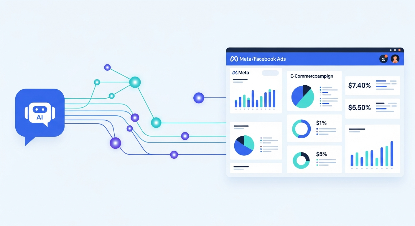 AI assistant connected to a Meta ads dashboard via AI connectors for ecommerce campaign management