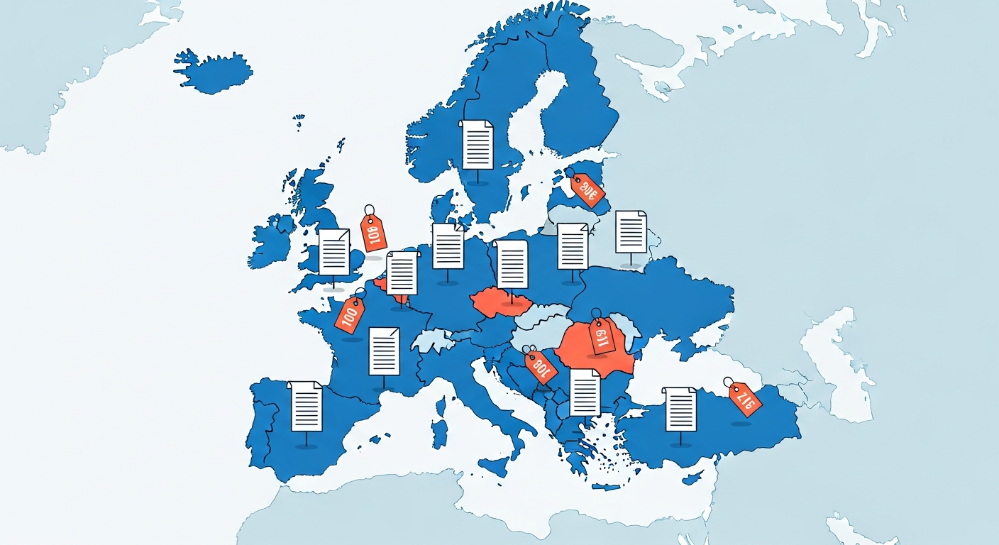 Map of Europe with highlighted markets and fee icons representing Meta location fees on ad impressions
