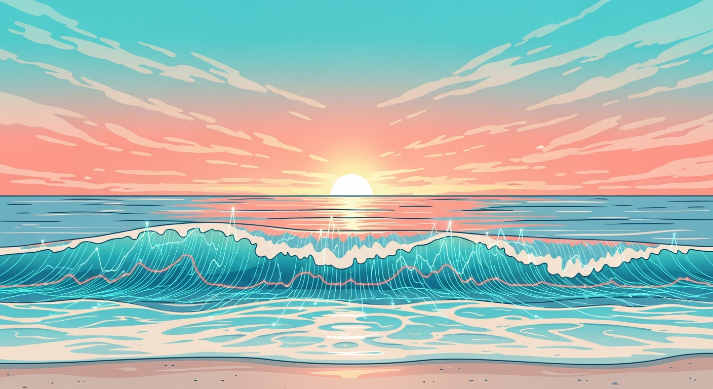 Abstract editorial illustration of a sunrise shoreline with upward trend lines representing summer scaling performance
